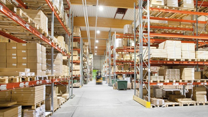 the lighted inside of a warehouse