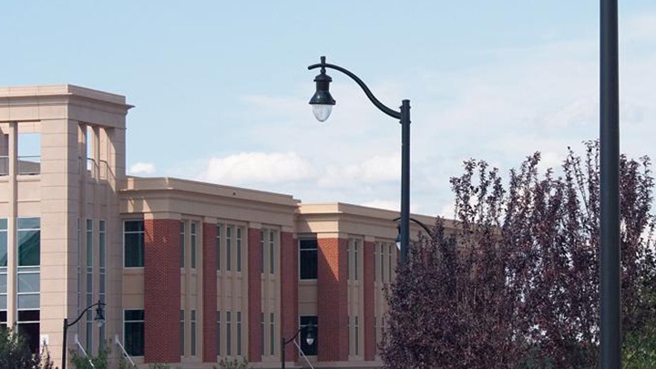 a view of buildings and a street lamp