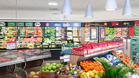 Närbild på Philips LED-armaturer för frukt och grönsaker 