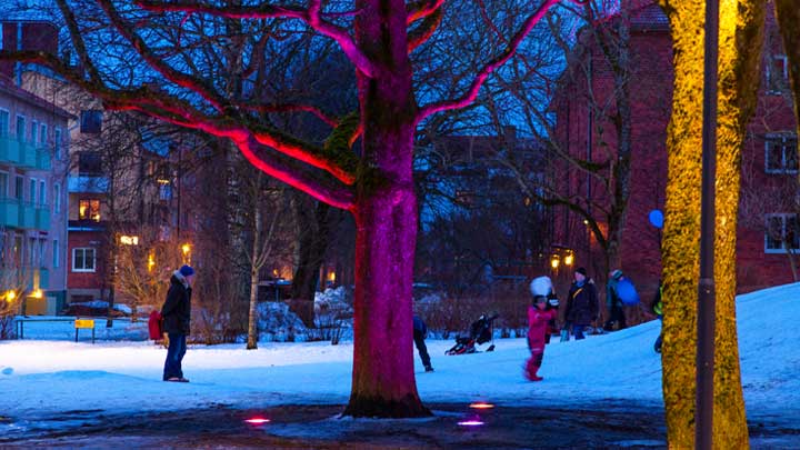 Själva lekplatsen är belyst av LED-strålkastarna DecoFlood2 som ger ett varierat, levande och inbjudande ljus. De höga träden i parken är ljussatta med infällda markarmaturer DecoScene LED. Gång- och cykelvägar lyses upp av parkarmaturen Metronomis LED Fluid och övergångställena i anslutning till parken är belysta av armaturen Copenhagen LED small Crosslight.