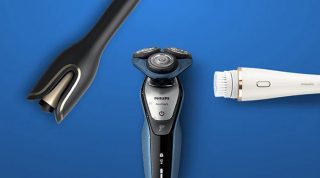 "Philips skönhetsapparater på blå bakgrund: rakapparat, skäggtrimmer och ansiktsrengöringsborste för mäns personliga hygien."